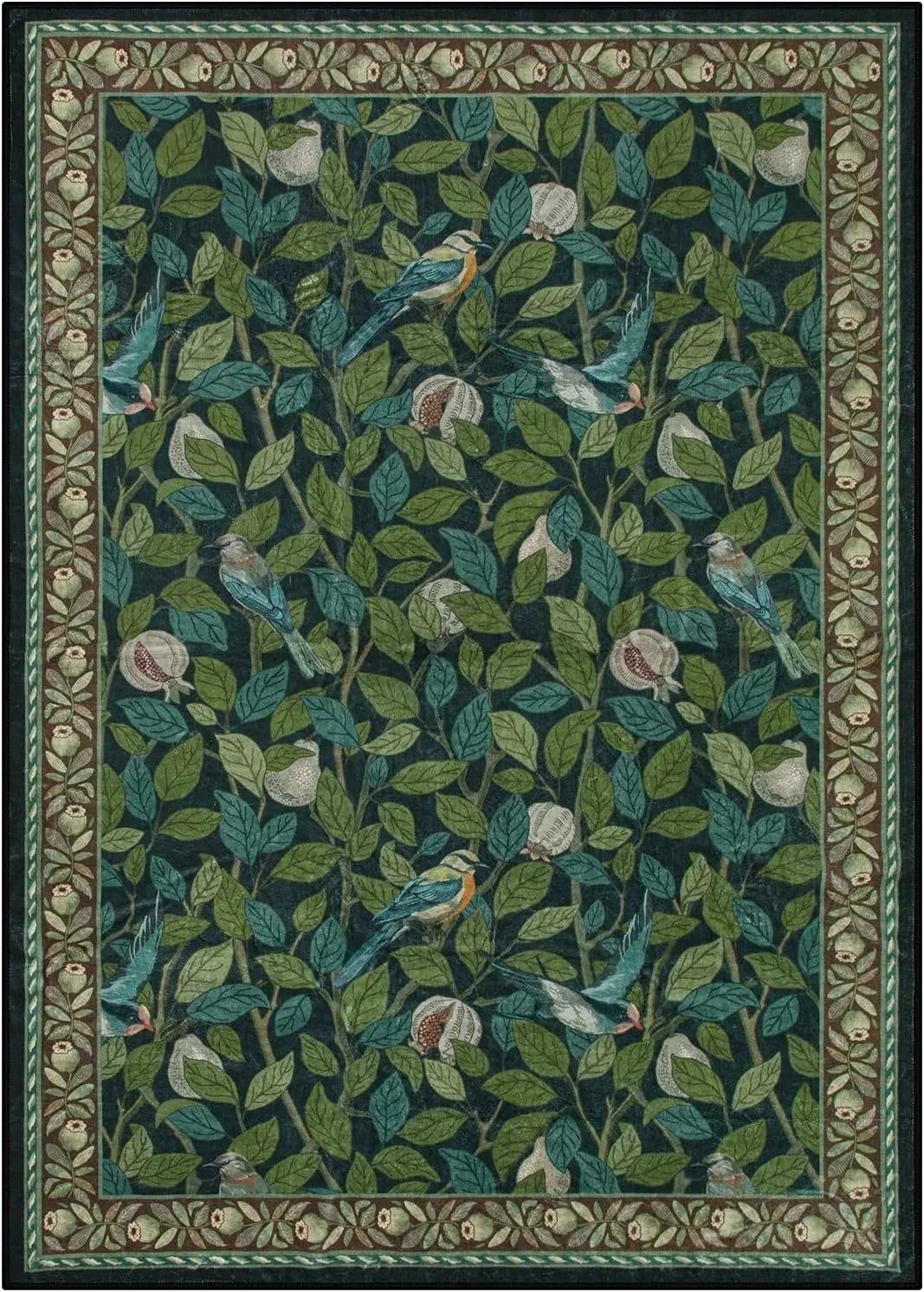 Vintage Botanical Bird Print Area Rug | Non-Slip Washable Mat