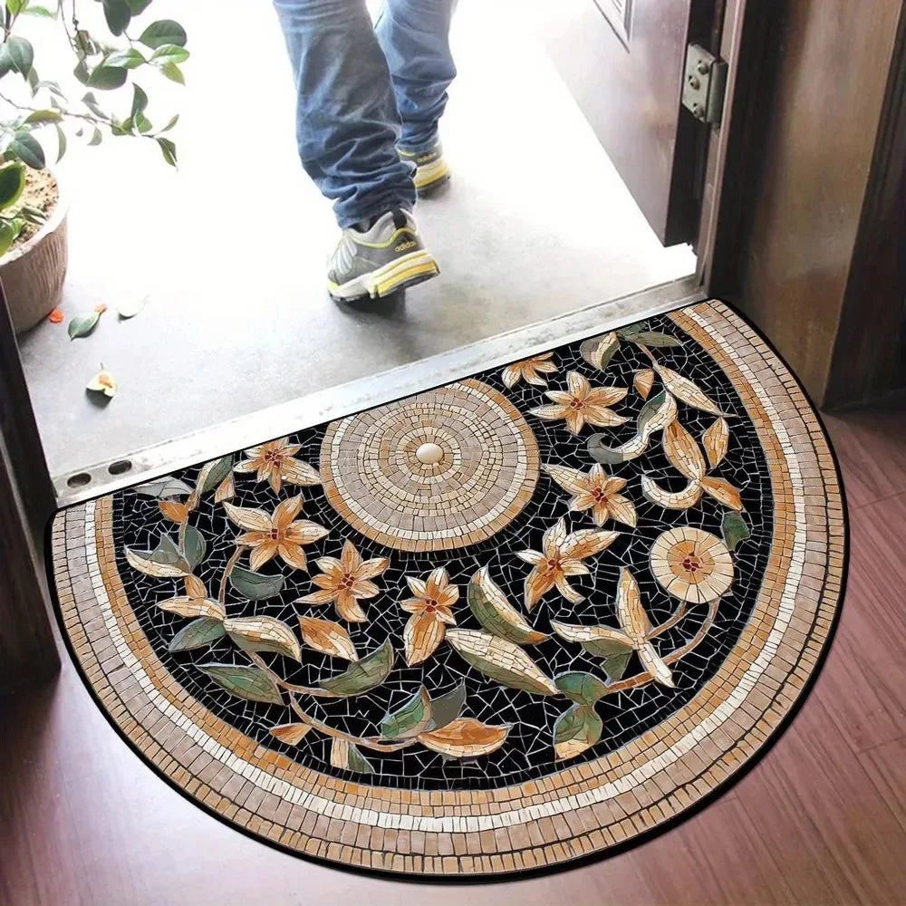 Vintage Mosaic Floral Half Round Doormat | Anti-Slip Welcome Mat