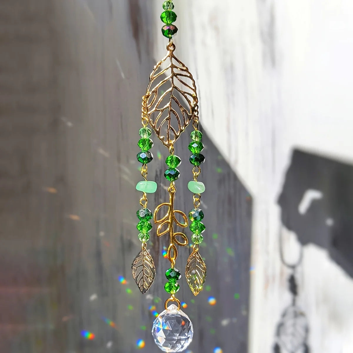 Green Crystal Suncatcher – Gold Leaf Rainbow Prism Window Decor