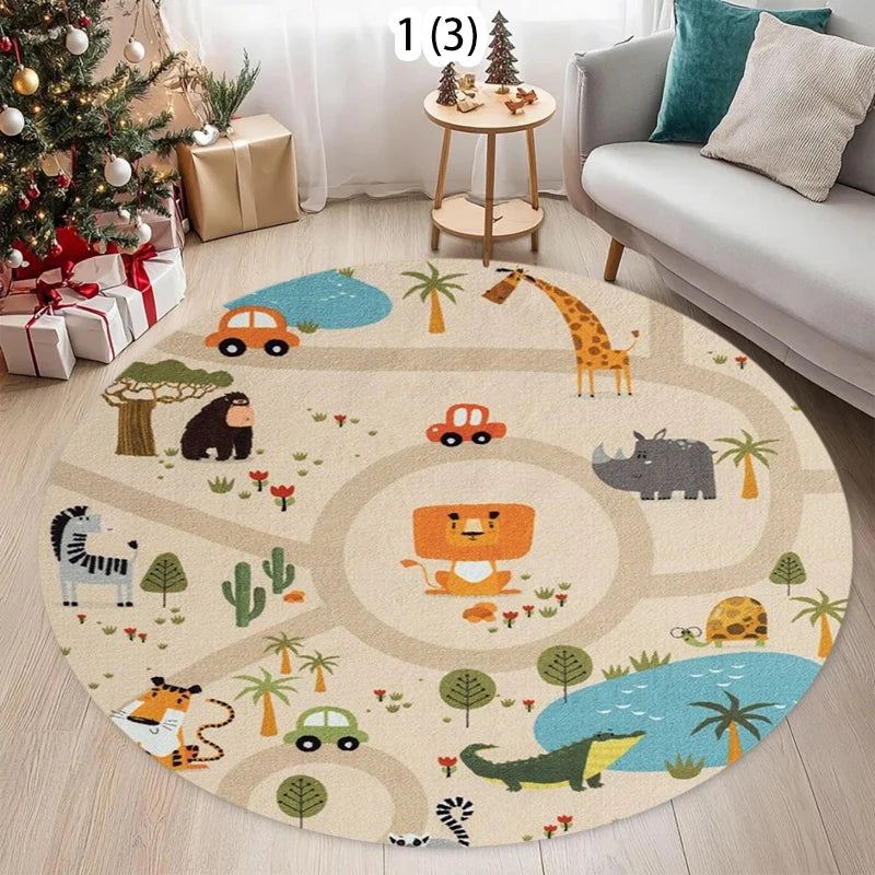 Round Kids Play Rug – Animal & City Road Educational Mat