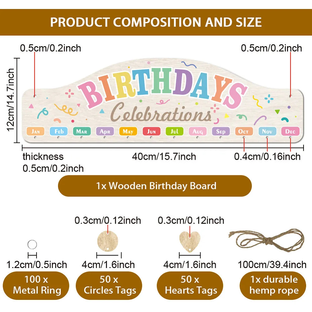 Wood Birthday Calendar Board with Hemp Rope & DIY Tags