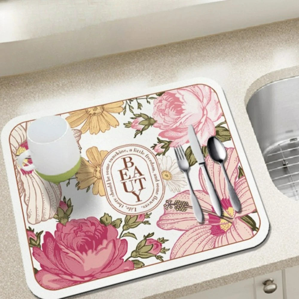 Floral Diatom Mud Absorbent Kitchen Drying Mat – Non-Slip