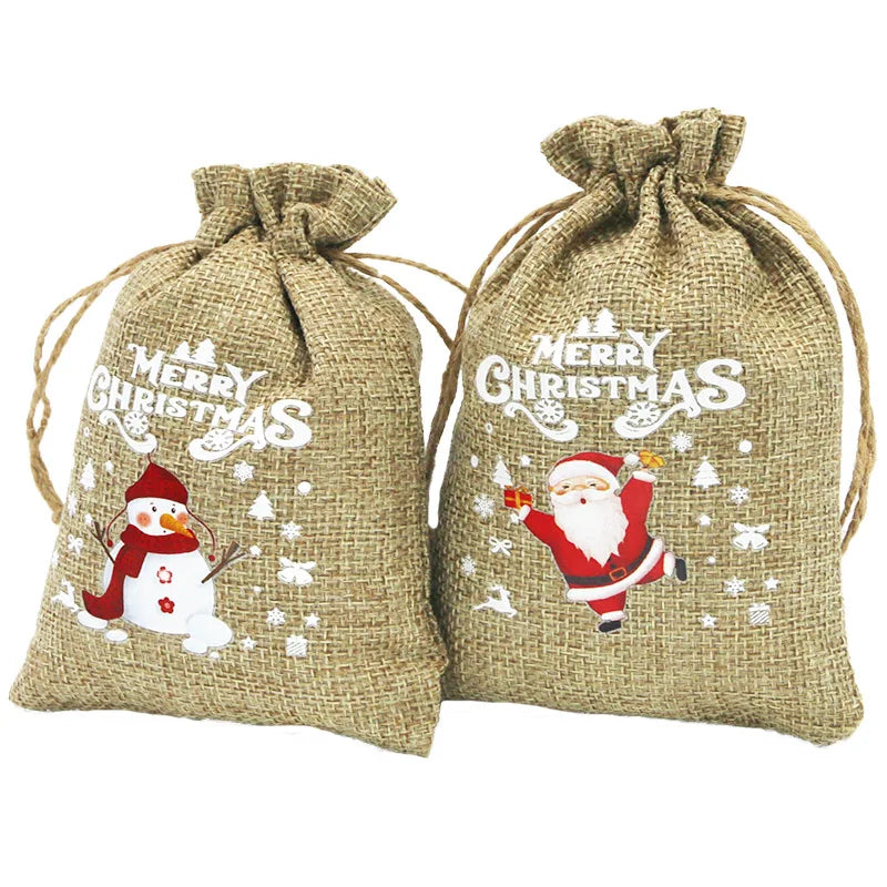 5-Pack Linen Christmas Gift Bags – Apple & Santa Pattern