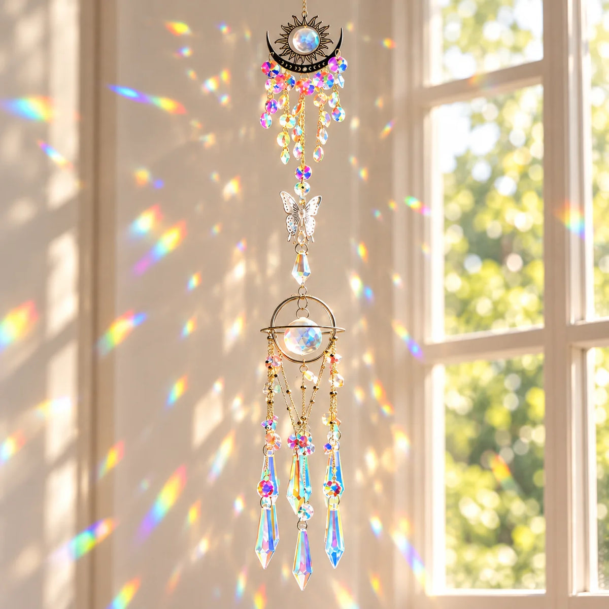 Celestial Sun & Moon Suncatcher Wind Chime | Iridescent Crystal