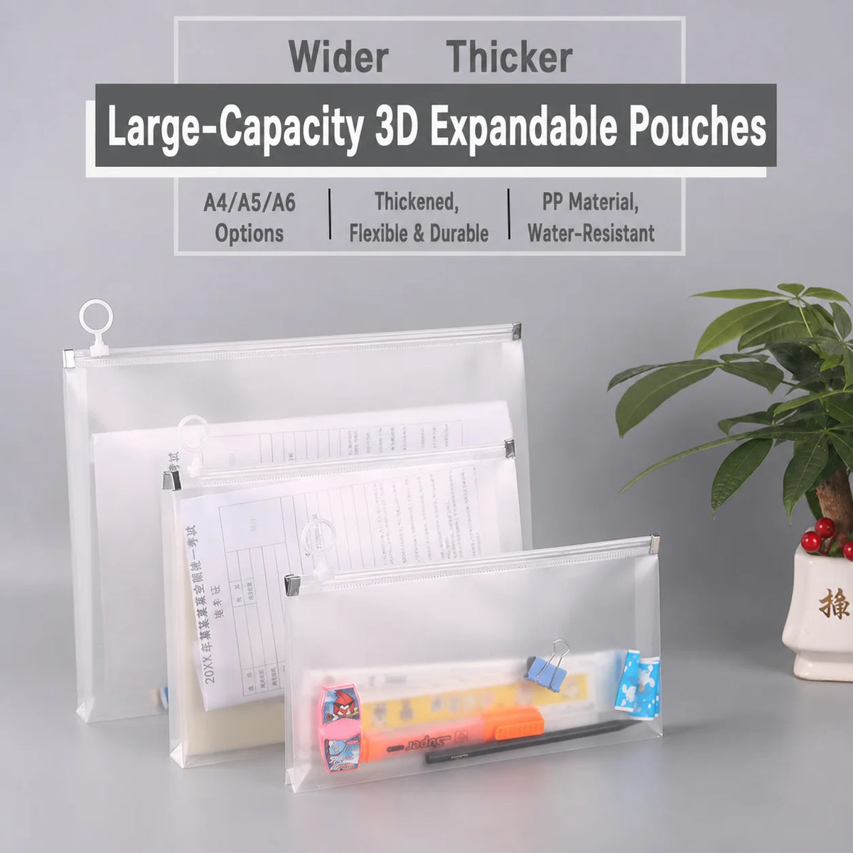 Stand-Up Frosted Zipper Pencil Bag & Document Organizer