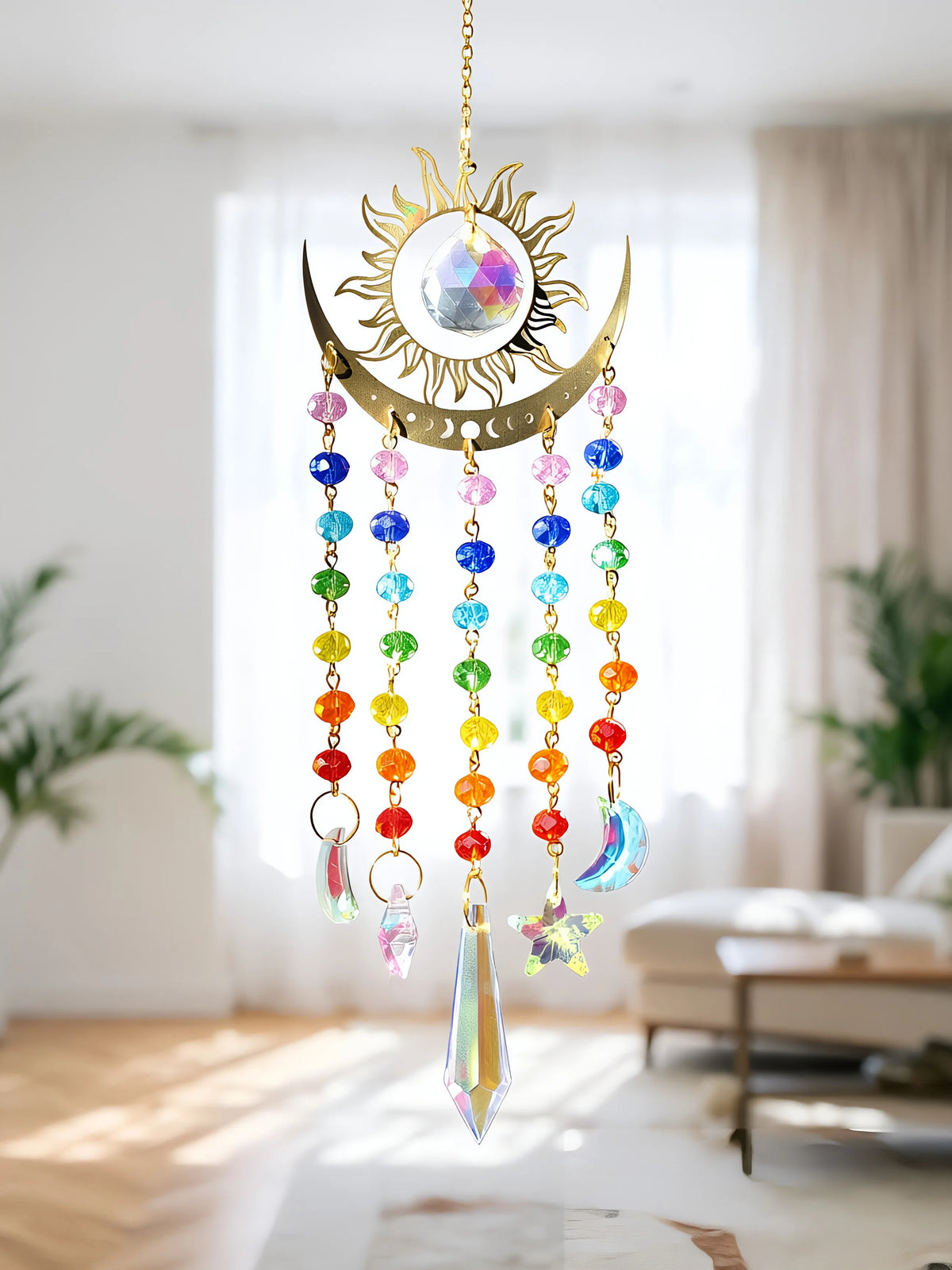 Rainbow Sun & Moon Suncatcher – Crystal Prism Hanging Ornament