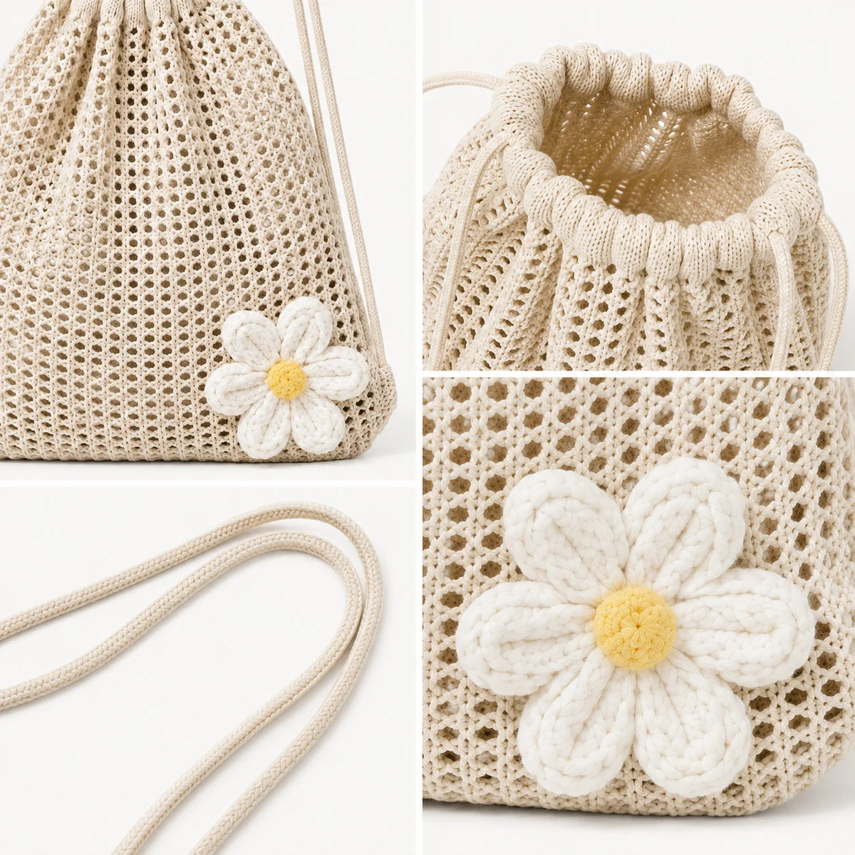 Women's Crochet Drawstring Backpack – Daisy Flower Knit Bag