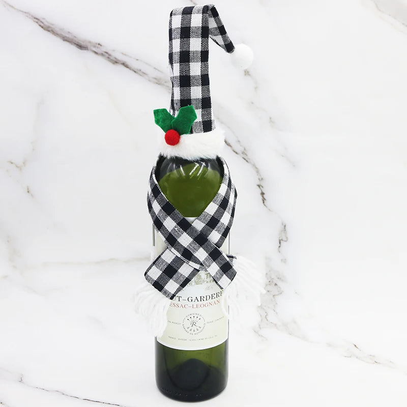 Christmas Plaid Wine Bottle Cover – Mini Scarf & Hat Set