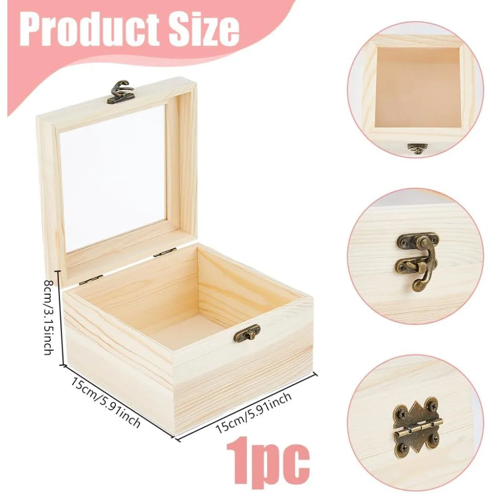 Unfinished Wooden Box with Clear Lid | 15x15x9.5cm Gift Box