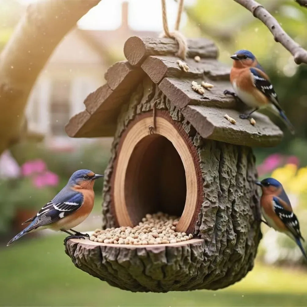 Resin Tree Stump Bird Feeder & Nest Garden Sculpture Decor