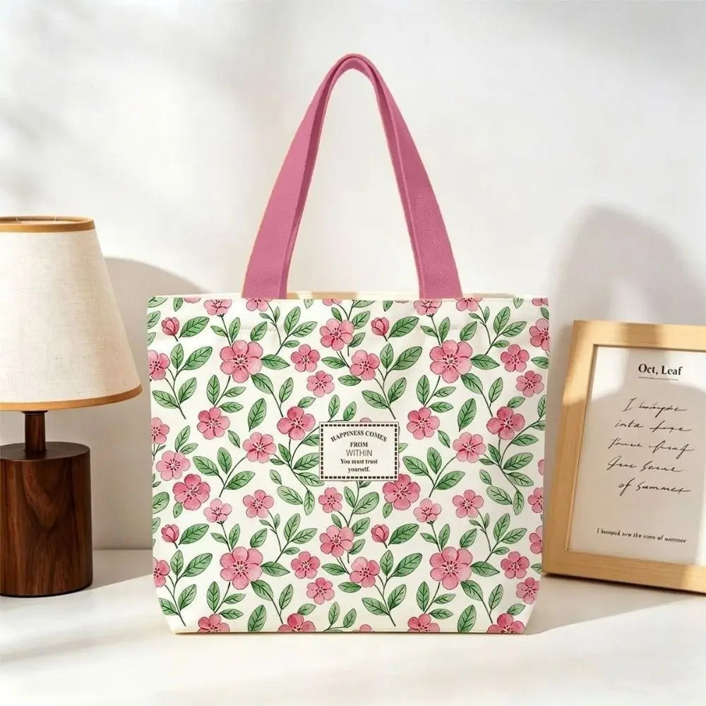 Floral & Lemon Canvas Tote Bag – Large Open-Top Shoulder Bag