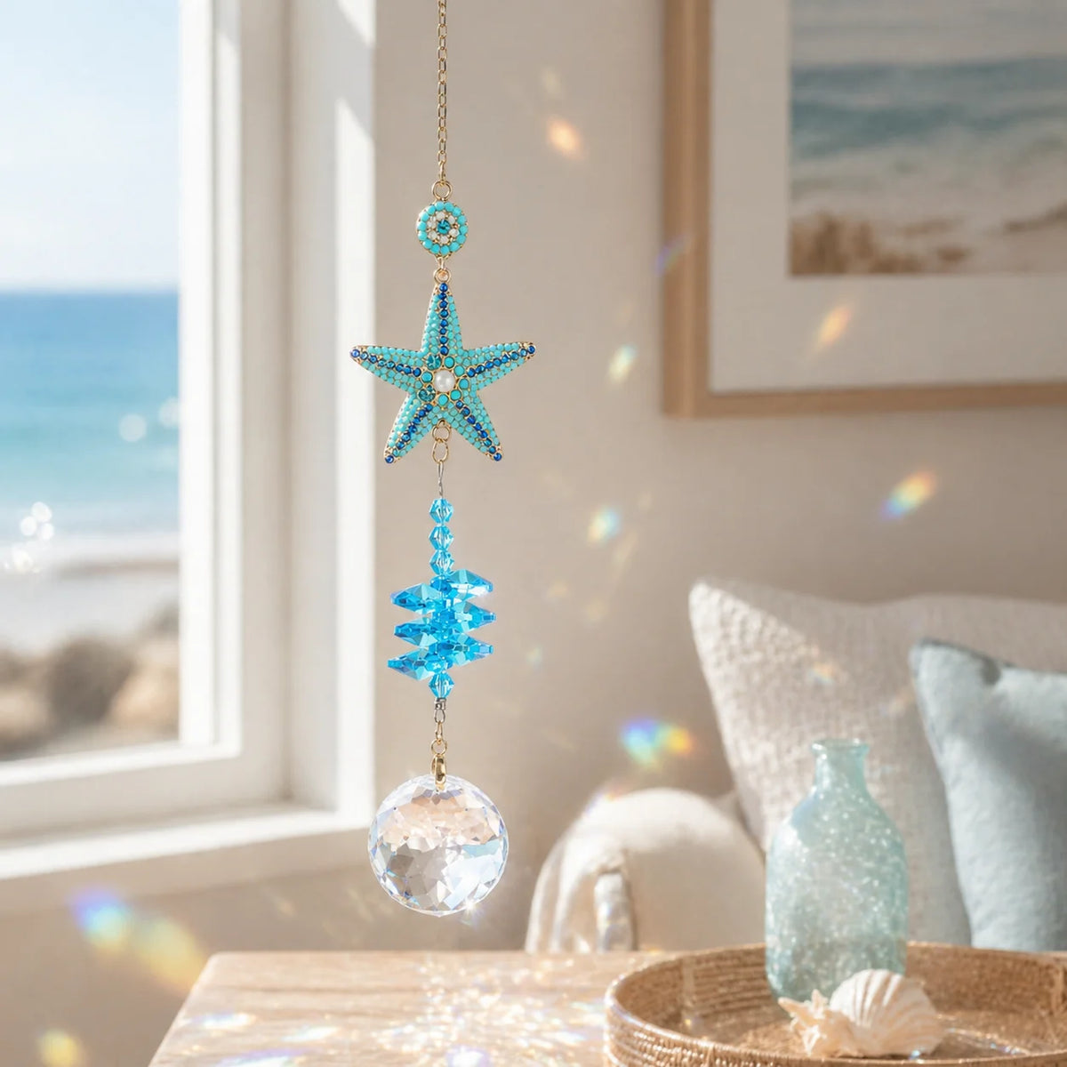 Turquoise Starfish Crystal Suncatcher | Window Prism Ornament