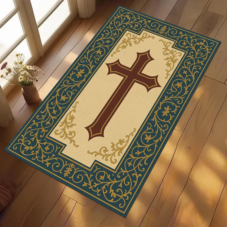 Vintage Cross Prayer Rug – Non-Slip Christian Home Décor Mat