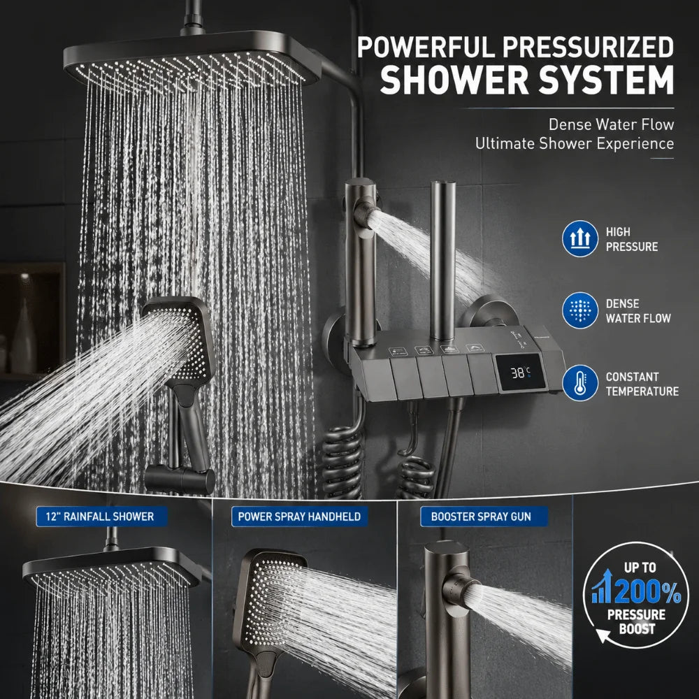Grey Digital Rainfall Shower System | Temperature Display Set