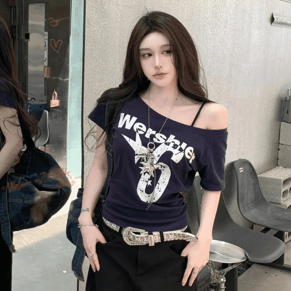 Y2K Off Shoulder Crop Top – Short Sleeve Letter Print Tee