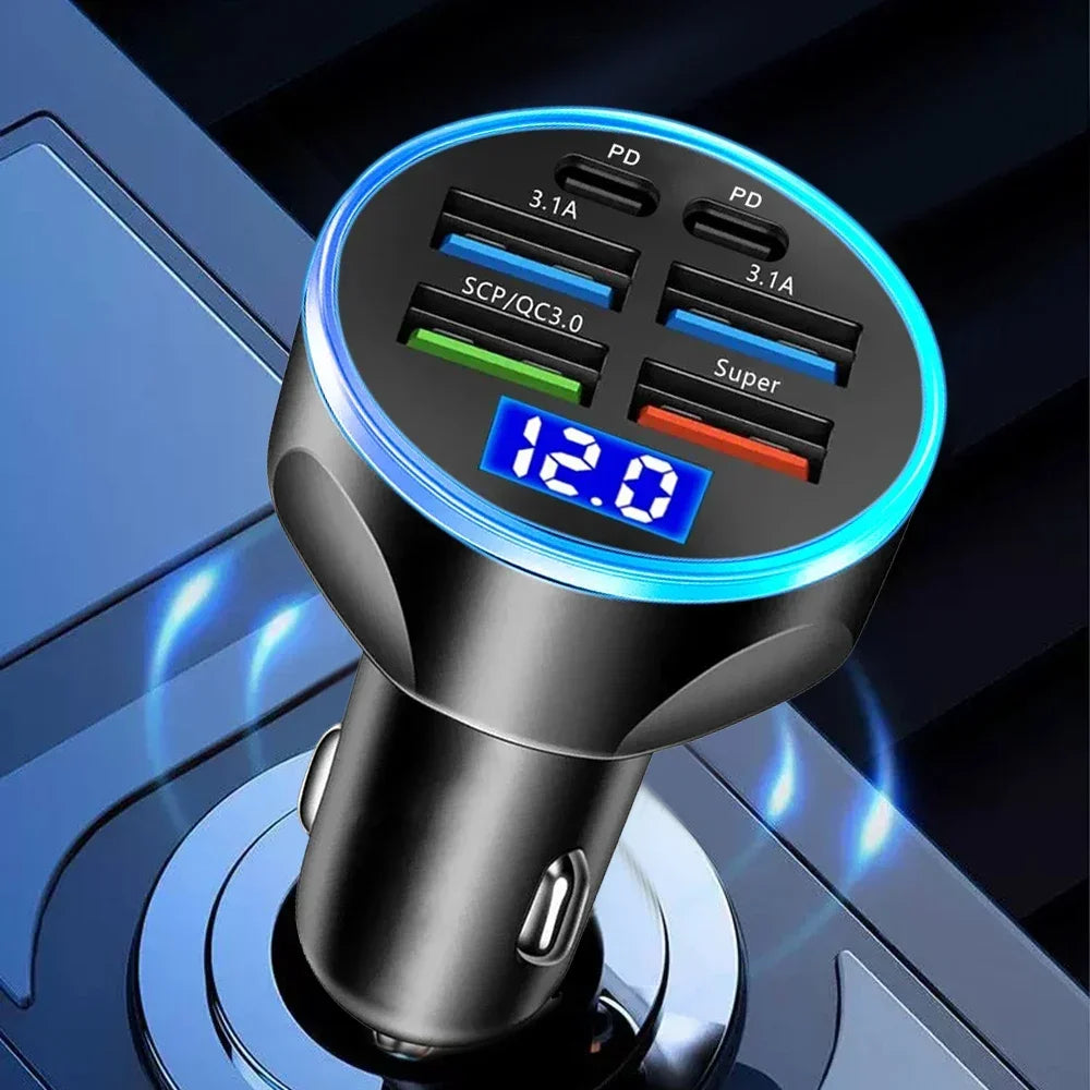 27W 6-in-1 Car Charger LED Display | 4 USB + 2 USB-C PD