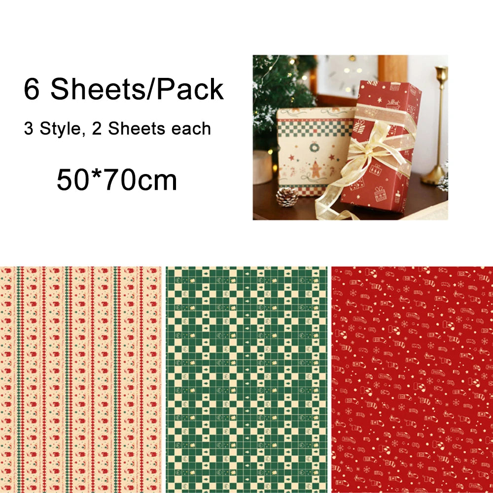 6-Sheet Christmas Kraft Wrapping Paper – Elk, Santa & Snowman