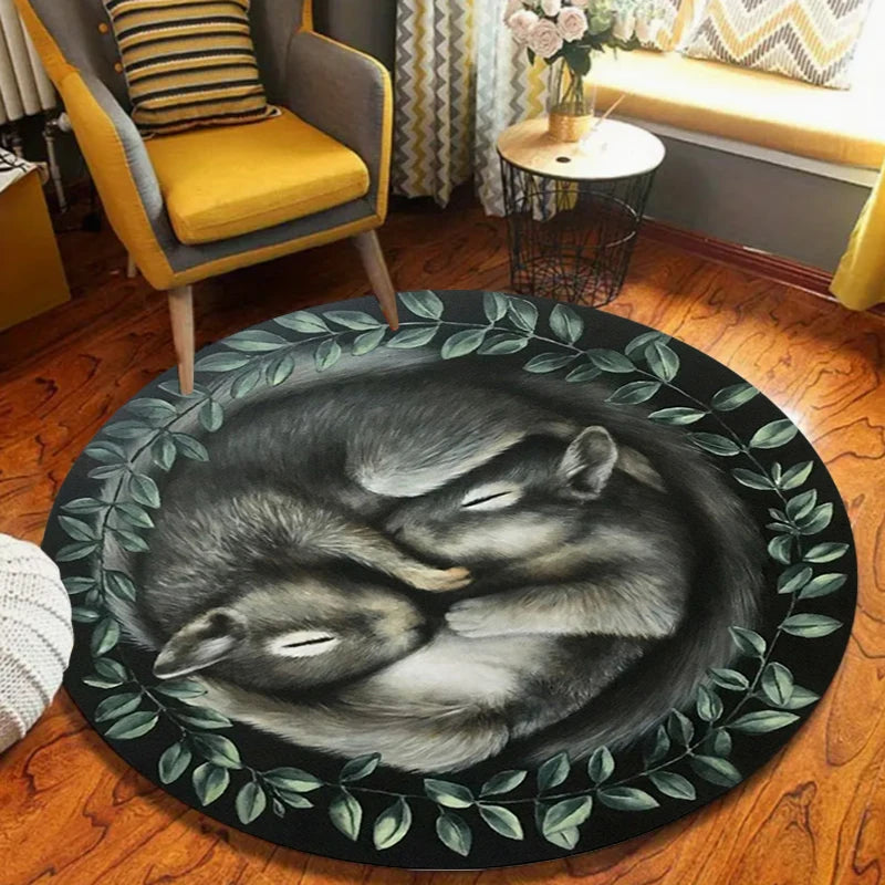 Wolf Couple Round Area Rug – Green Leaf Wreath Print | Cabin Decor