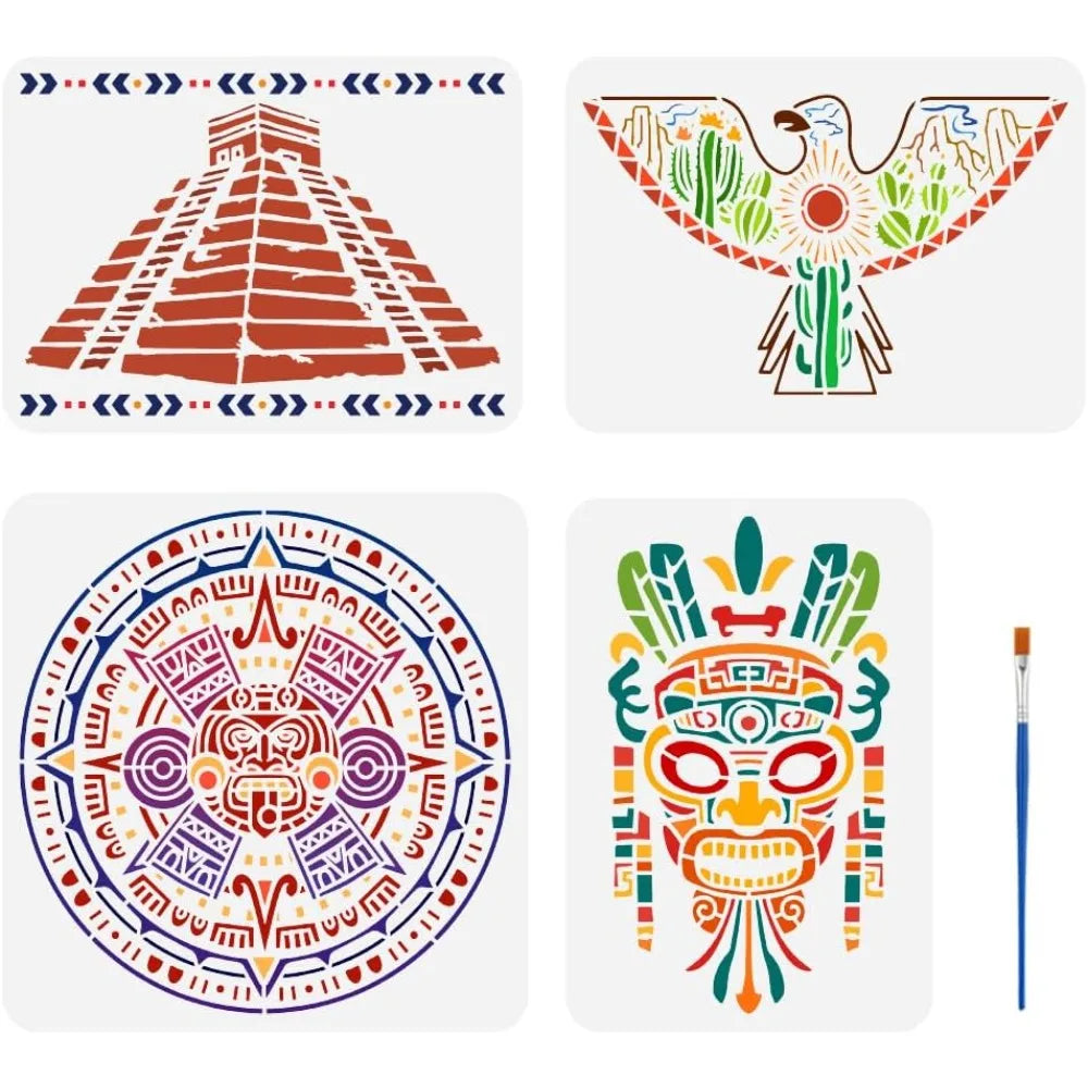 4-Piece Aztec Tribal Stencil Set with Brush | Reusable PET