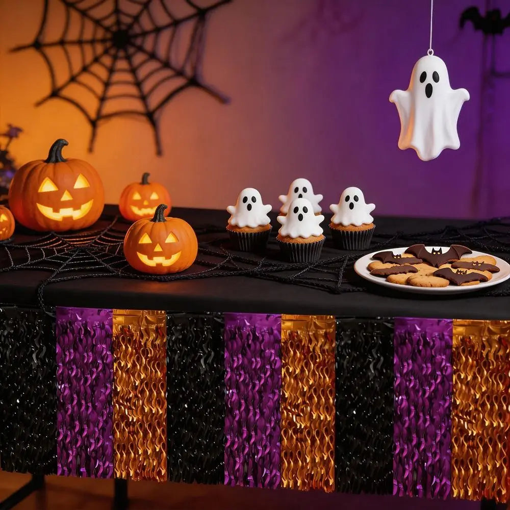 Halloween Metallic Tinsel Table Skirt – Black Purple Orange