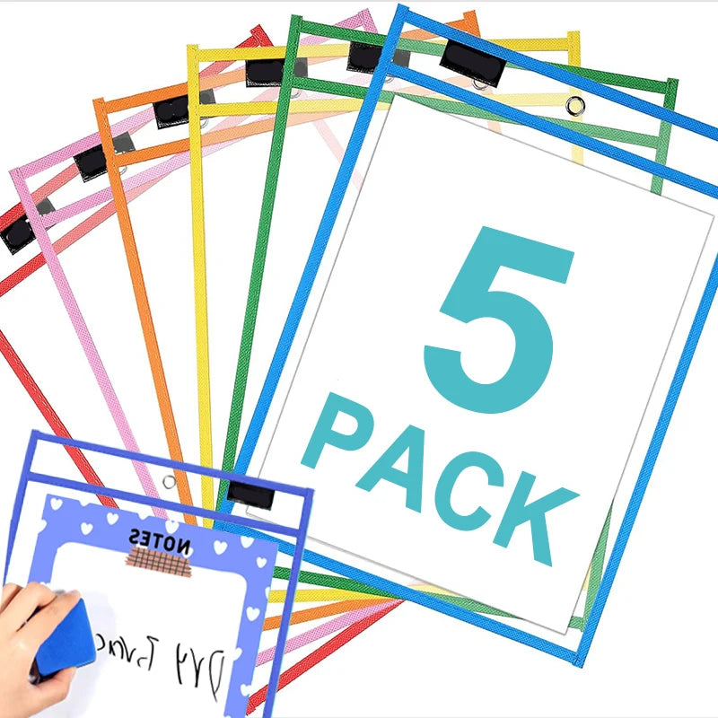 Clear Dry Erase Pocket Sleeves – Reusable PVC Folders 1/5 Pack