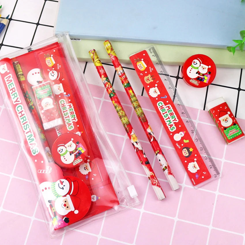 6-Piece Christmas Stationery Set – Pencil, Ruler, Eraser & Bag