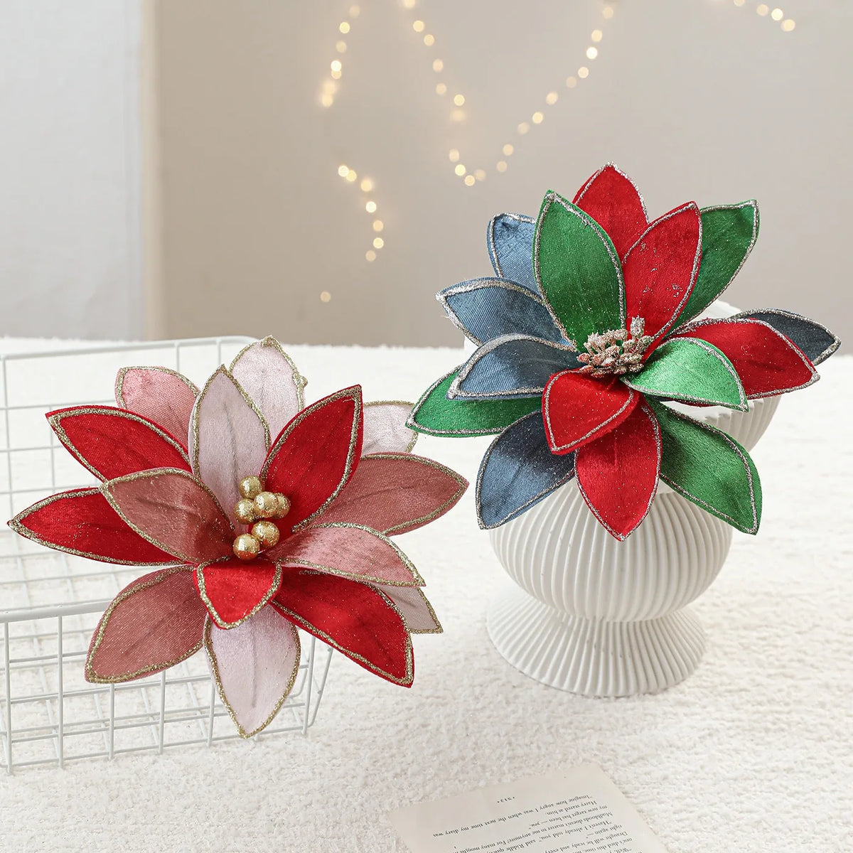 Gold Glitter Christmas Flower Garland Ornament 25cm