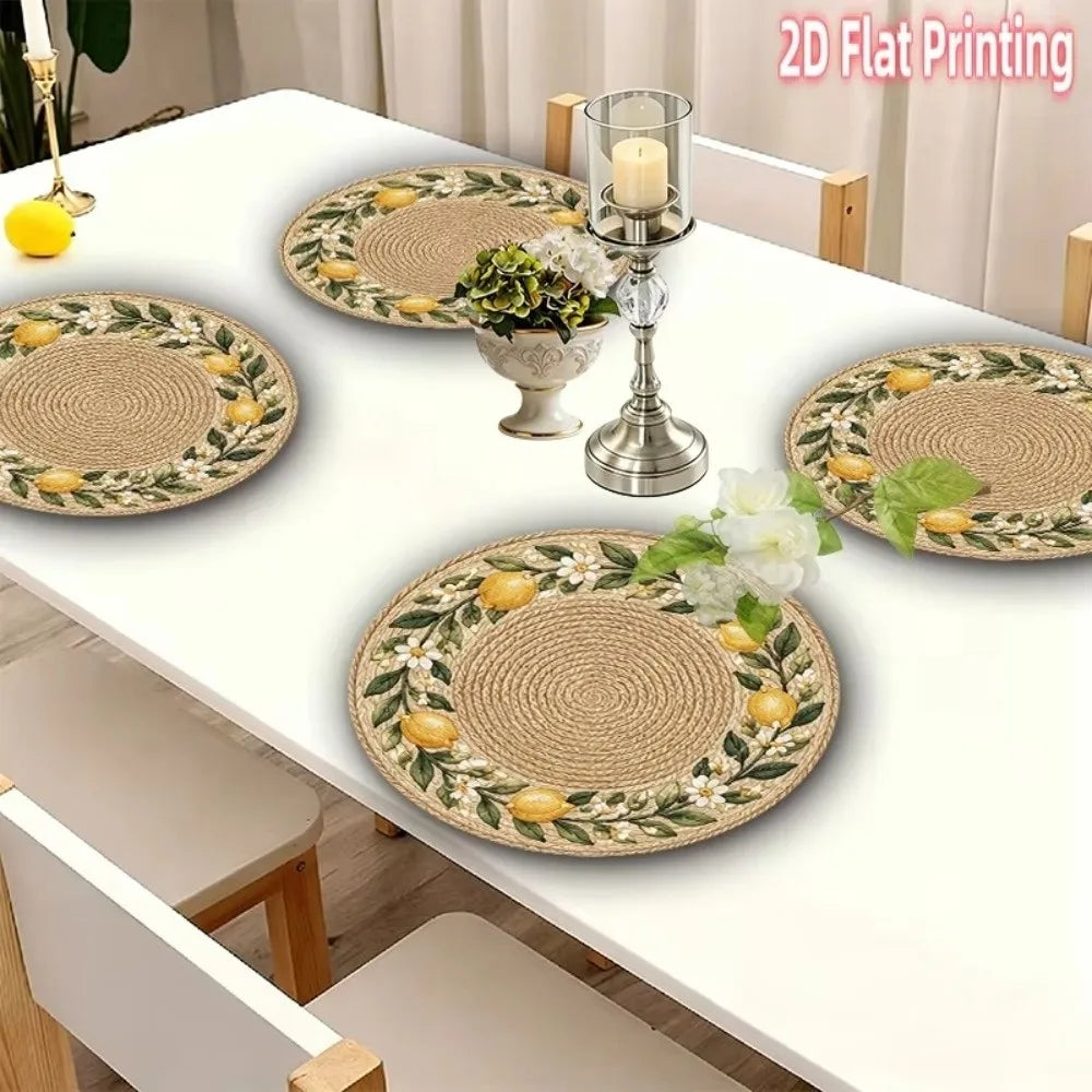 Round Flower Printed Placemat – 15" Wipeable Rattan-Look Mat