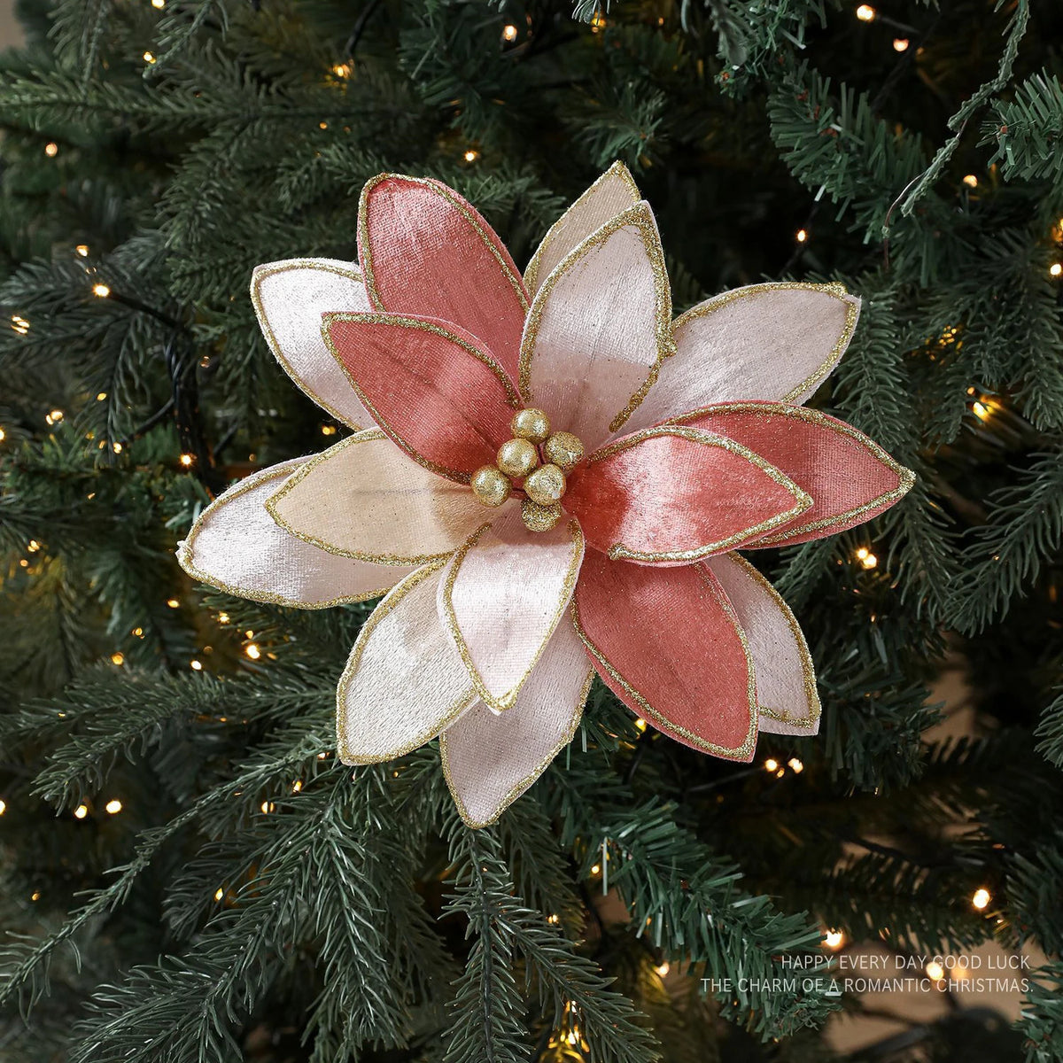 Gold Glitter Christmas Flower Garland Ornament 25cm