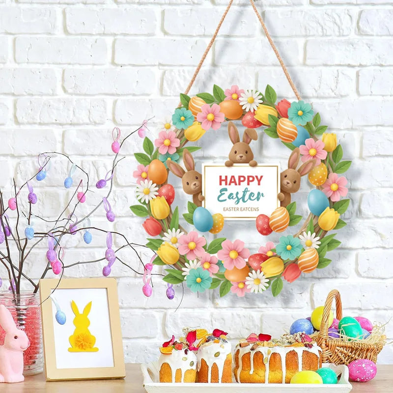 Easter Wooden Hanging Door Sign – Rabbit & Egg Plaque 12"