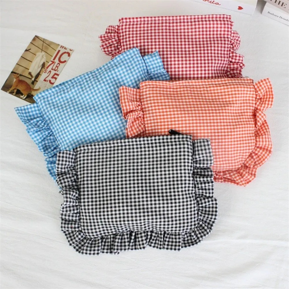 Ruffle Plaid Makeup Bag – Large Capacity Travel Toiletry Pouch