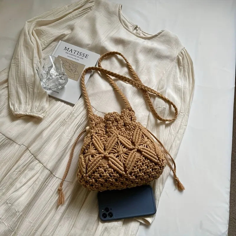 Boho Macrame Bucket Bag – Handmade Woven Drawstring Crossbody