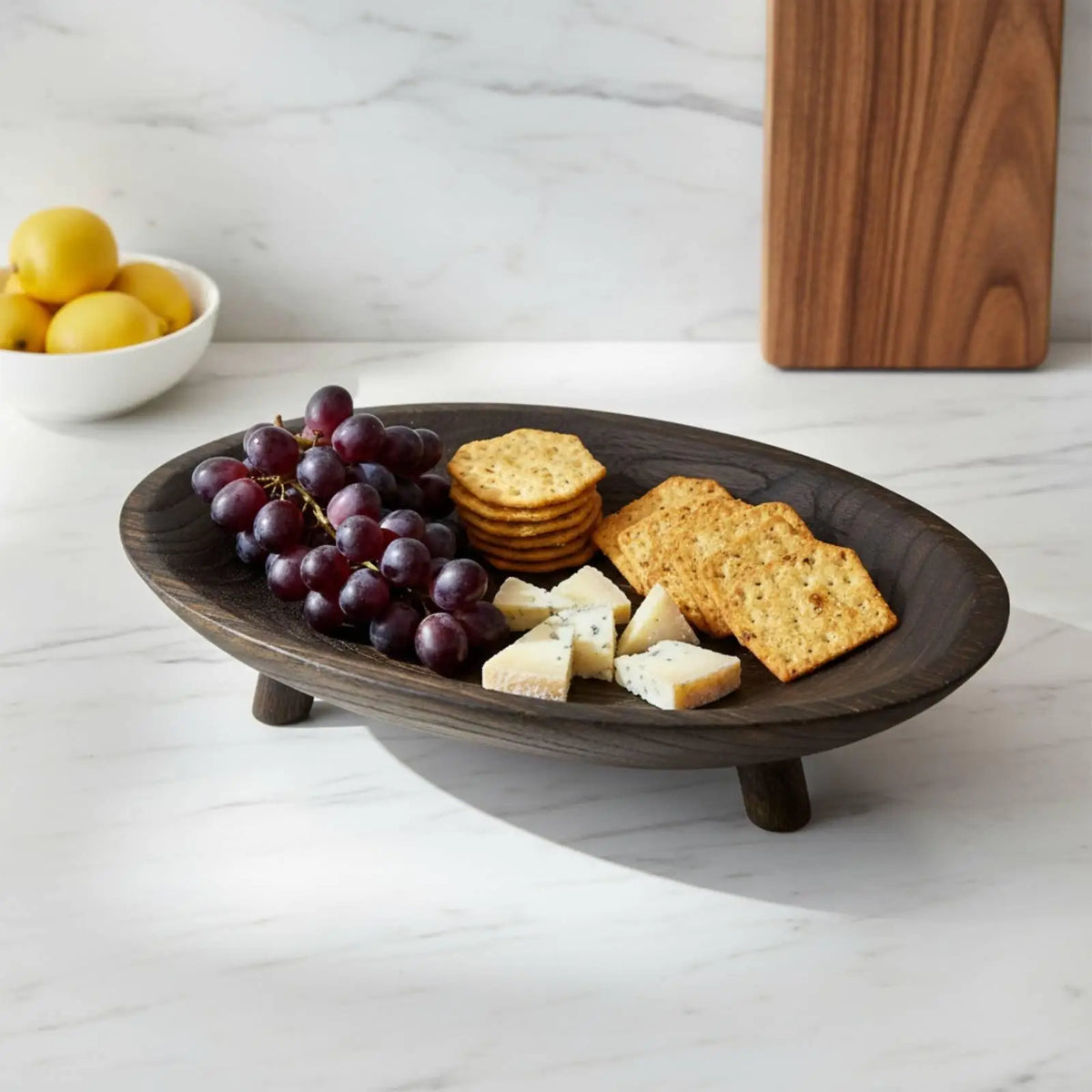 Oval Hand-Carved Paulownia Wood Tray on Feet | Fruit Bowl