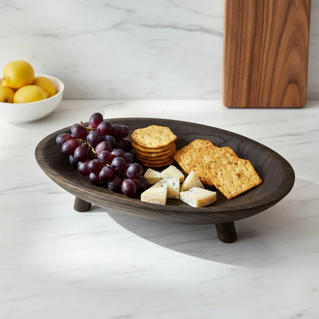 Hand-Carved Oval Wooden Tray on Feet | Paulownia Fruit Bowl