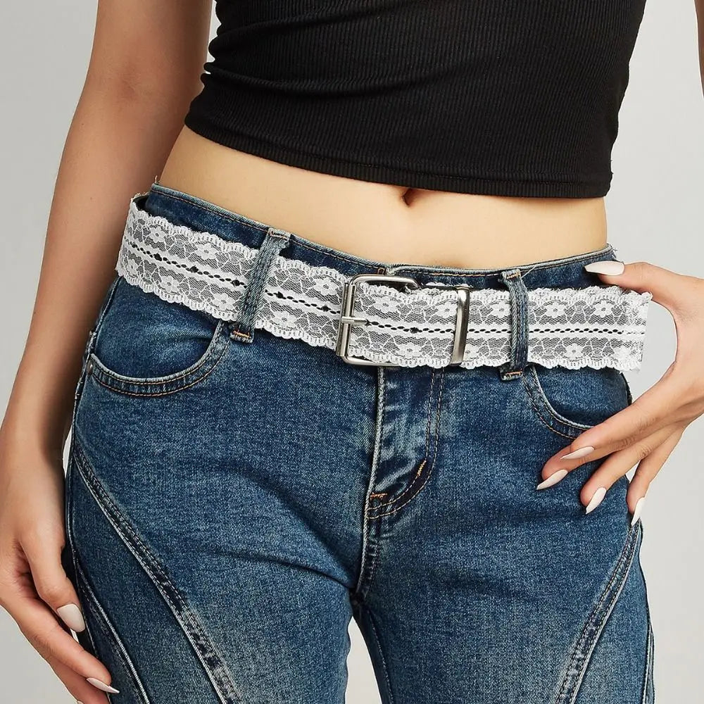Women's White Lace Waist Belt – Floral PU Leather Strap