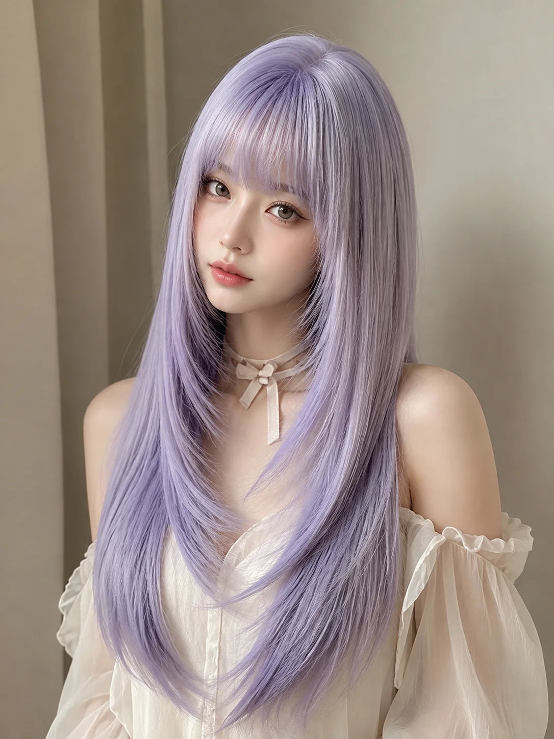 Purple Long Straight Wig – Lolita Blunt Bangs Y2K Cosplay