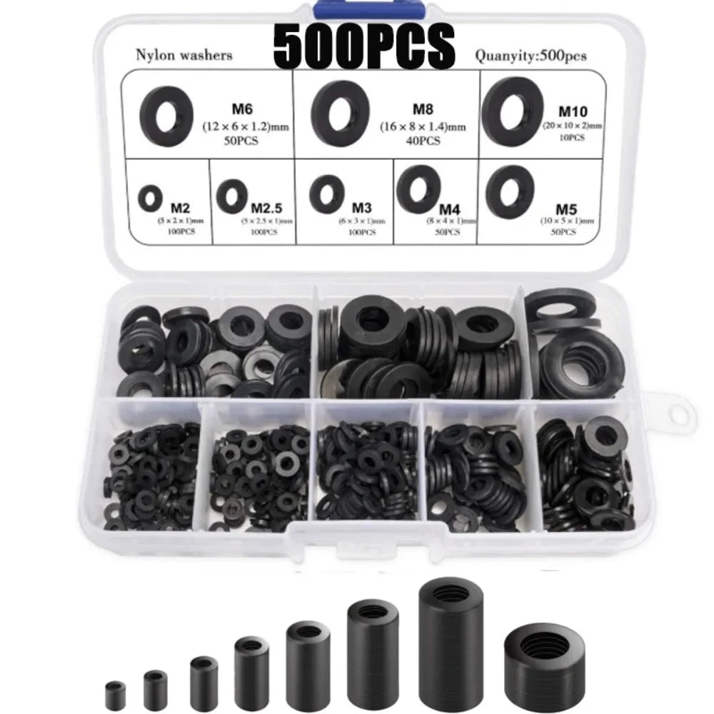 500pcs Nylon Flat Washer Set – 8 Sizes M2–M10 Assortment