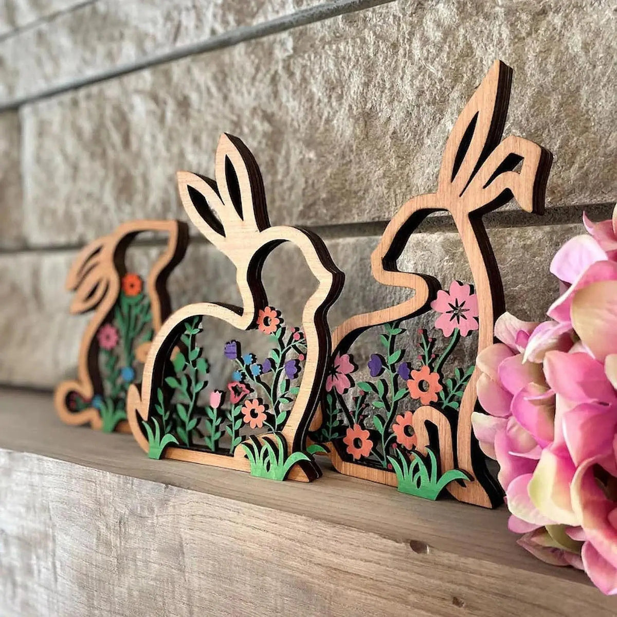 Wooden Easter Bunny Tabletop Signs – Set of 3 Decor Plaques