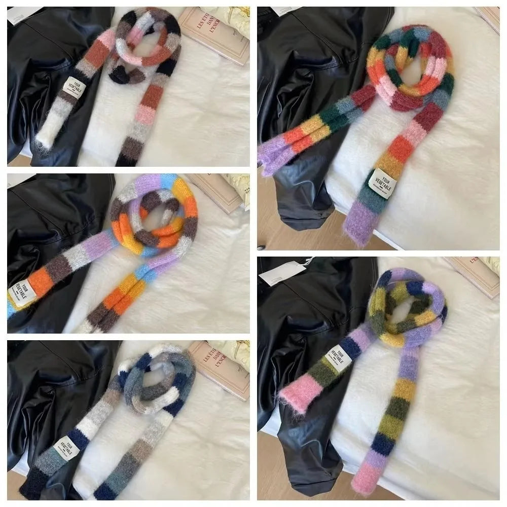 Y2K Rainbow Stripe Knitted Scarf – Slim Colorful Winter Scarf