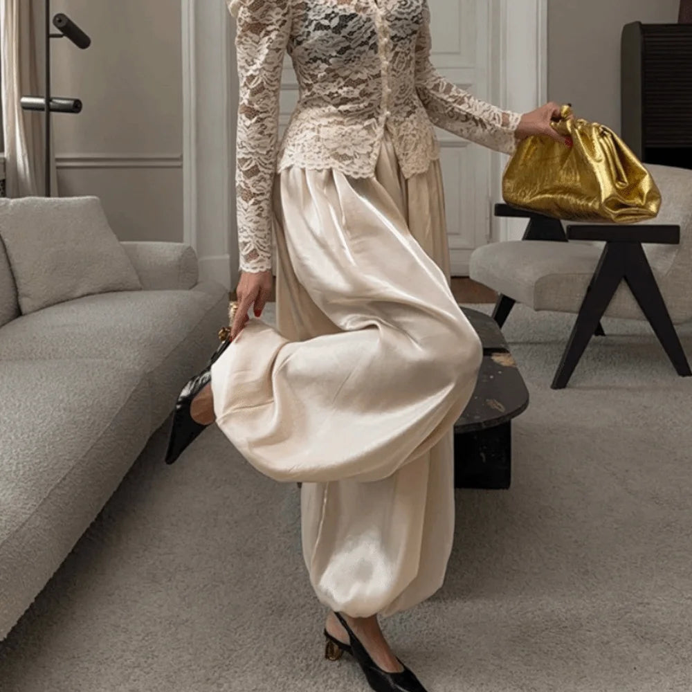 Women's Satin Wide-Leg Pants | Elastic High Waist Ankle Length