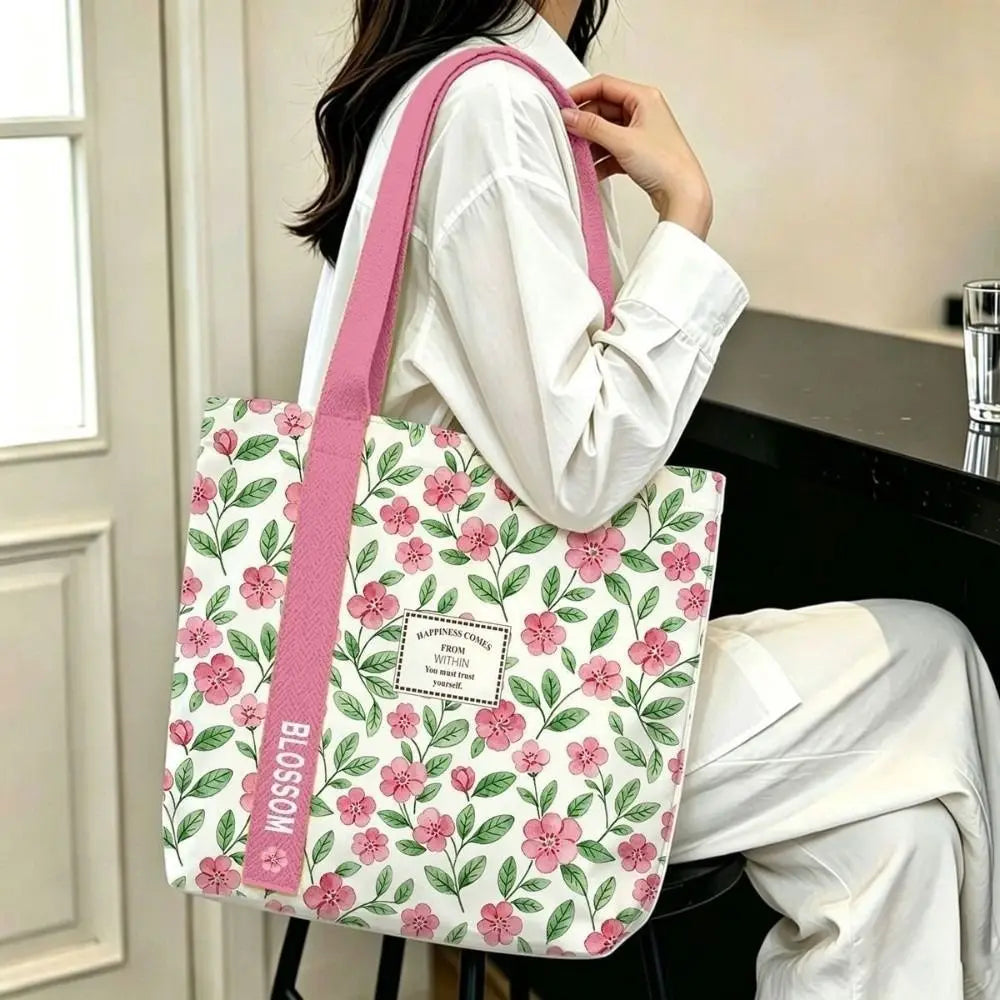 Floral & Lemon Canvas Tote Bag – Large Open-Top Shoulder Bag