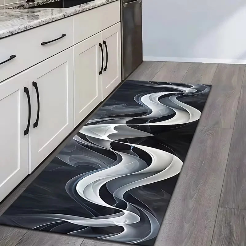 Black White Abstract Runner Rug – Non-Slip Washable Mat