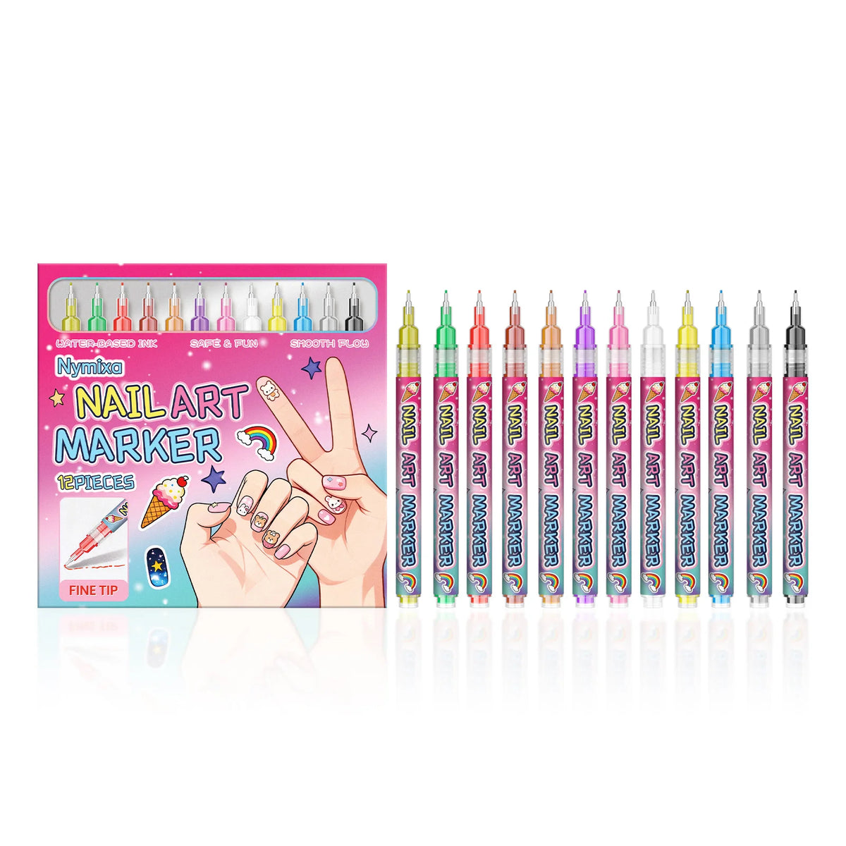 Nymixa 12-Color Nail Art Marker Pen Set – Fine Tip Quick Dry