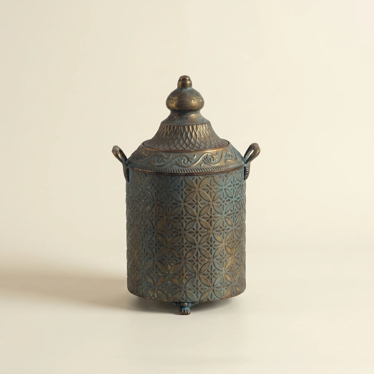 Patina Metal Vase with Lid & Handles | Sculptural Home Décor