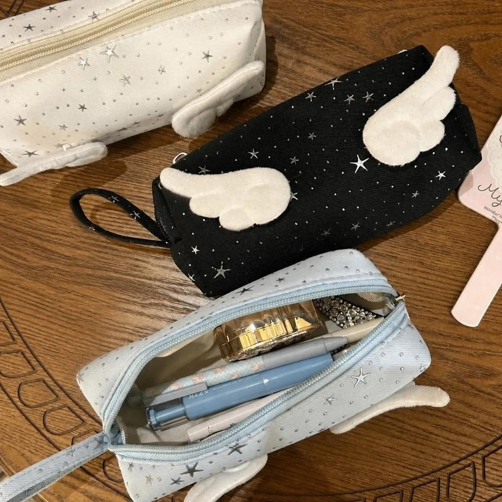 Star Print Angel Wing Pencil Case | Large Canvas Pen Bag