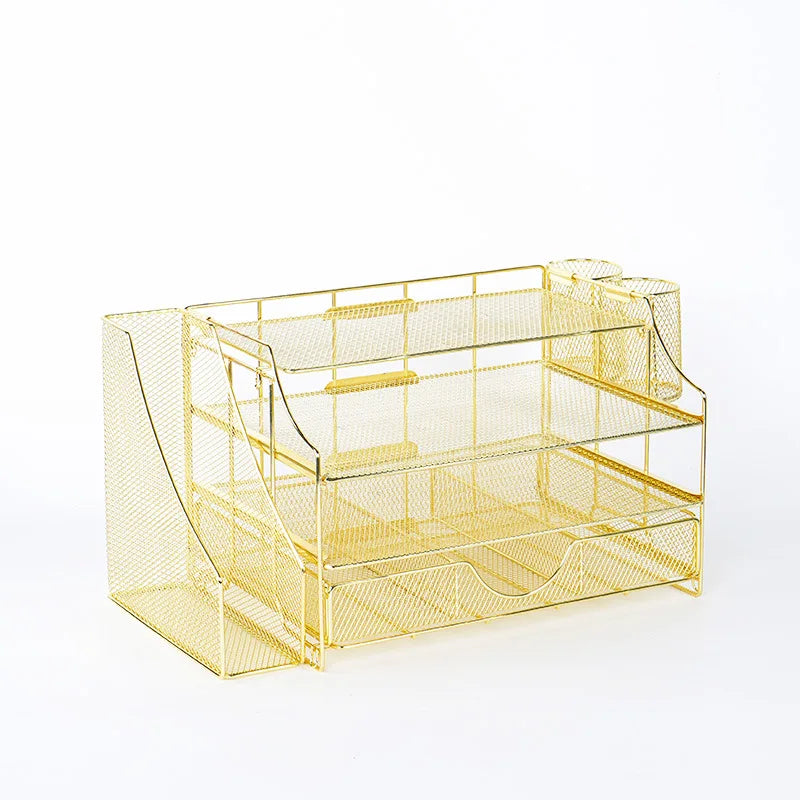 Iron Desktop File Storage Rack – Rose Gold Grid Organizer