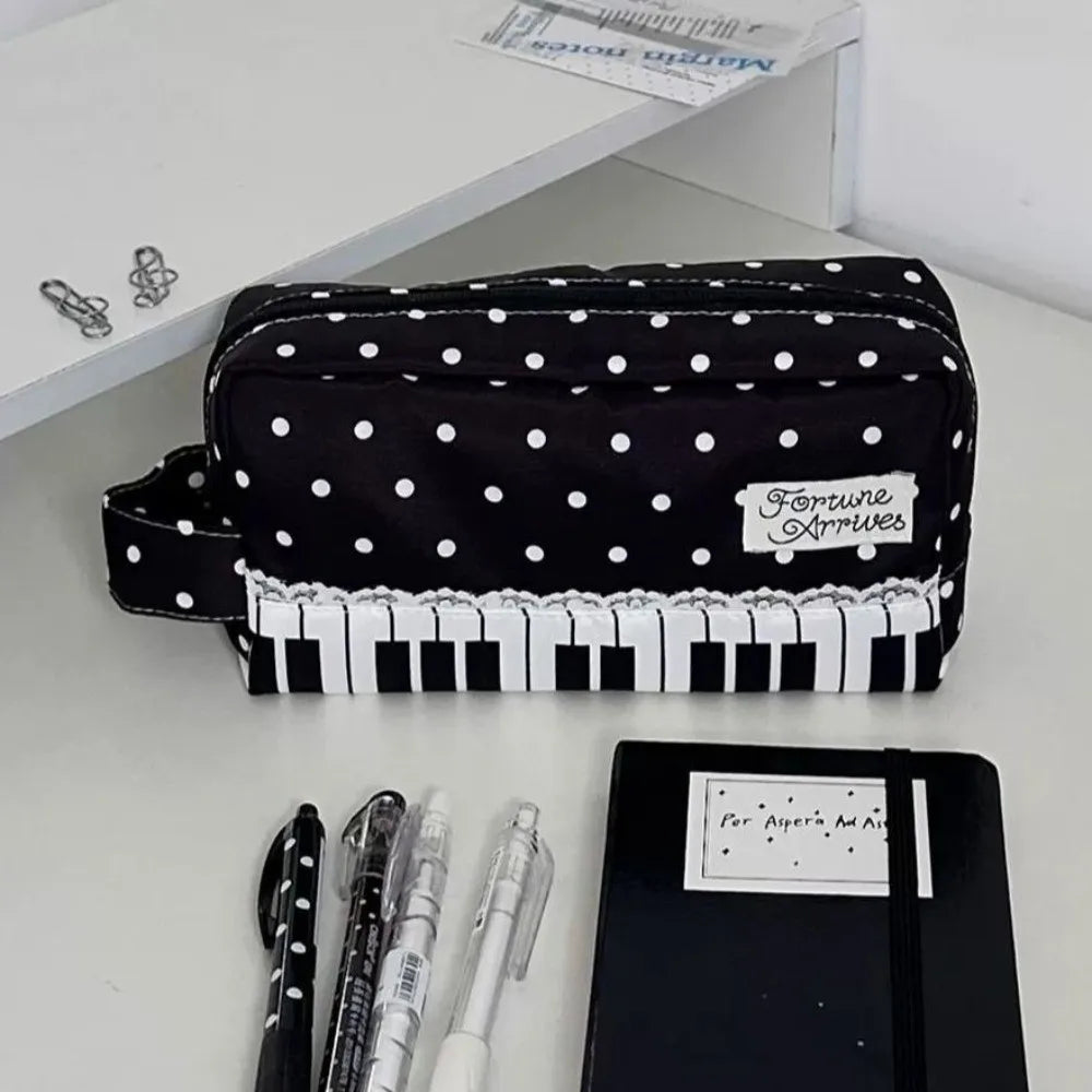 Polka Dot Piano Key Pencil Case – Large Capacity Pen Bag