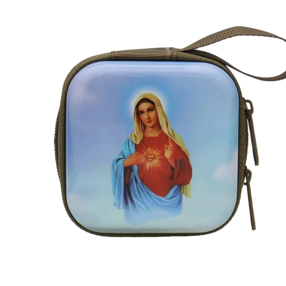 Virgin Mary Rosary Storage Box – Zippered Metal Christian Gift