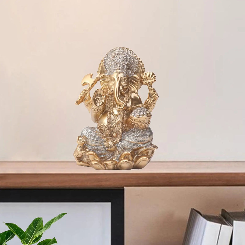 Gold Ganesha Resin Statue – Hindu Elephant God Figurine Decor