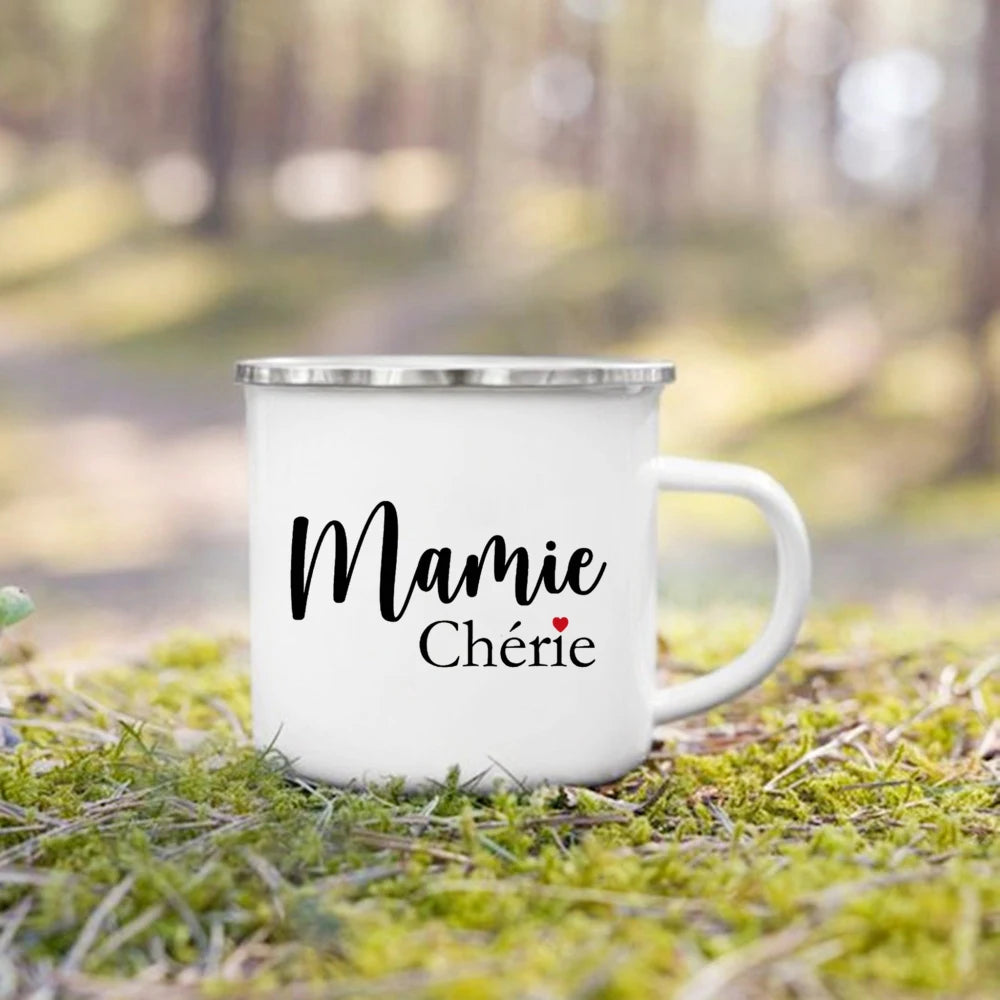 French Print Enamel Camping Mug – Family & Godparent Gift
